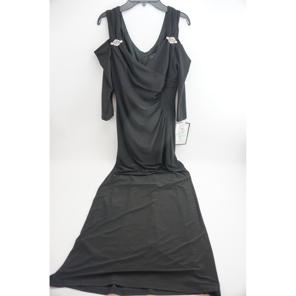 R&M Richards Gown 8 Black Cold Shoulder Rhinestone Ruched Evening Dress New